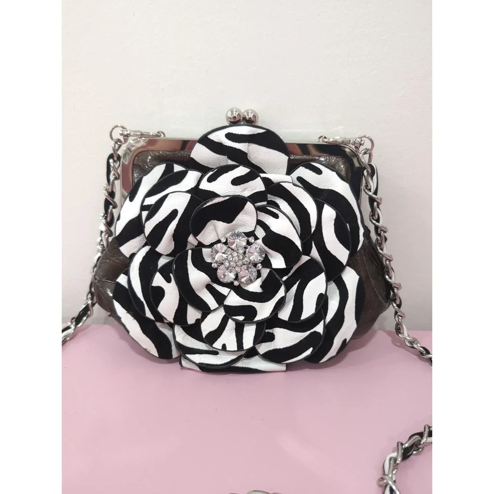 Y2K Small Zebra Pattern Bag with Silver Chain Clasp‎ & Rhinestone Floral Accent